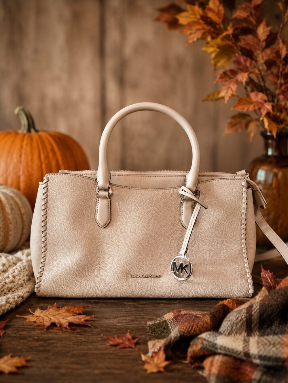 Michael Kors Arden Medium Leather Satchel Crossbody Bag Cream Whipstitch
